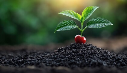 Poster - A Single Cherry Seedling Sprouting From Rich Soil
