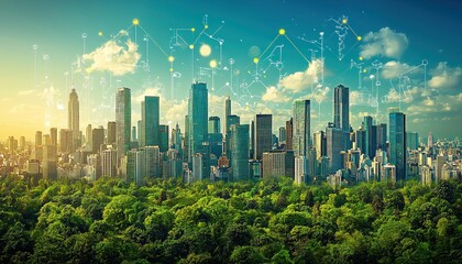 Aufkleber - Urban Skyline with Abstract Network Illustration and Green Forest in Foreground