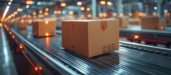 Poster - Cardboard Box Moving on Conveyor Belt in Warehouse
