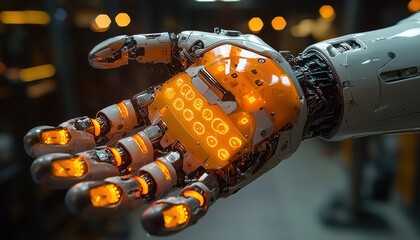 Poster - Close-up of a robotic hand with glowing orange lights