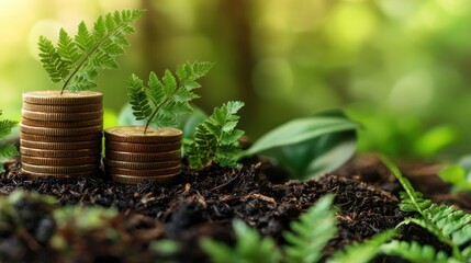 Leinwandbilder - Coins Stacked with Plants Growing on Top in Soil