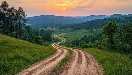 Poster - Winding Dirt Road Through Green Hills at Sunset