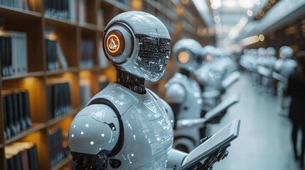 Fototapete - A futuristic robot reading a book in a library.
