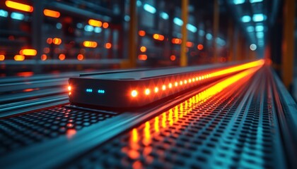 Poster - A futuristic device with glowing lights on a metal track