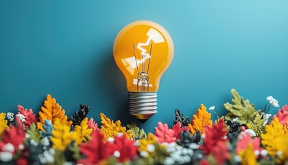 Aufkleber - Illuminated Light Bulb Resting on Colorful Autumn Leaves