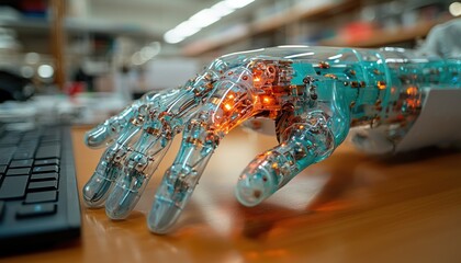 Aufkleber - A Transparent Robotic Hand with Glowing Lights Interacting with a Keyboard