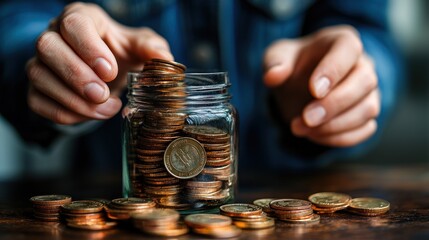 Aufkleber - Hand Placing Coins in a Glass Jar Filled with Currency