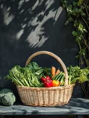 Poster - A wicker basket brims with fresh veggies like bell peppers, greens, carrots, and broccoli, highlighting a bountiful harvest. Generative AI