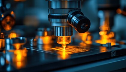 Aufkleber - Close-up of a Microscope Lens Focused on a Sample with Orange Light Illuminating It