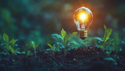 Leinwandbilder - A Lightbulb Floating Above Growing Plants in Soil