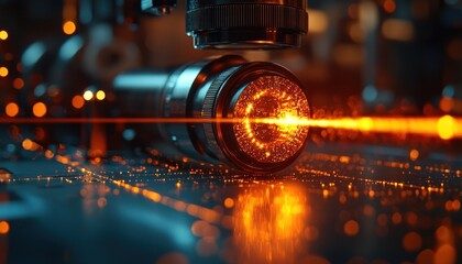 Poster - Camera Lens with Orange Light Beam and Bokeh