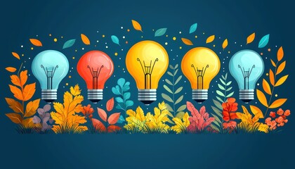 Aufkleber - Colorful Light Bulbs Surrounded by Autumn Leaves