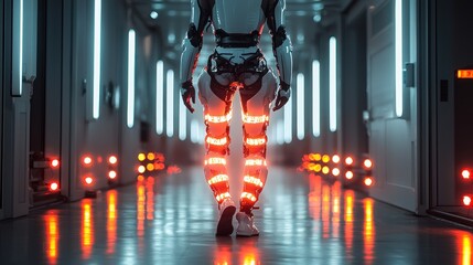 Poster - A Futuristic Robot Walking Down a Neon Lit Hallway
