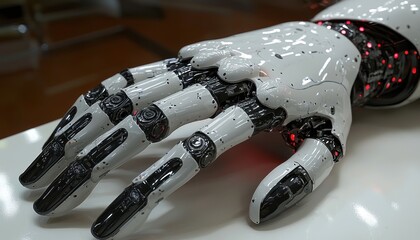 Poster - Robotic Hand with Red Lights and Shiny White Surface