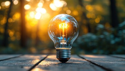 Aufkleber - Illuminated Lightbulb on a Wooden Surface with a Bokeh Background of Trees and Sunlight