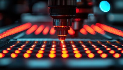 Poster - Close-up of a robotic arm soldering circuit board components with red LED lights.