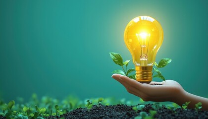 Poster - A glowing light bulb with green plants growing from the base, held by a hand, against a teal background.