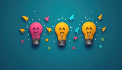 Poster - Three Colorful Light Bulbs with Arrows on a Teal Background
