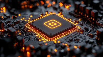 Poster - A Close-Up of a Microchip with a Glowing Icon on a Circuit Board