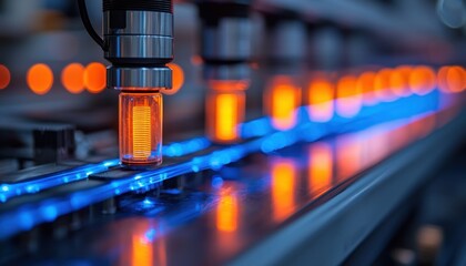 Poster - Illuminated Glass Tubes on a Conveyor Belt in a Factory Setting