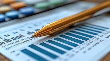 Poster - Gold Pen Resting on a Financial Graph with Numbers and Charts