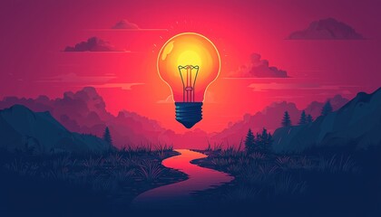 Poster - A Glowing Lightbulb Floating Above a Tranquil Landscape