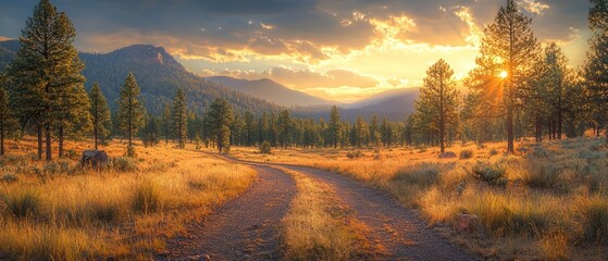 Poster - Winding Dirt Road Through a Mountain Forest at Sunset