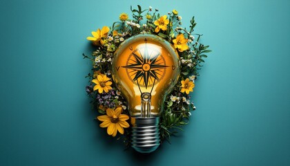Poster - Illuminated Light Bulb with Compass and Flowers
