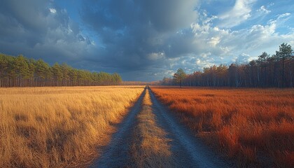 Poster - A Dirt Path Divides Two Fields of Golden and Red Grass with a Cloudy Sky Overhead