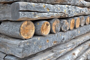 Poster - Close-up of Weathered Logs Stacked in a Pile
