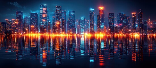Poster - Nighttime cityscape with skyscrapers illuminated by colorful lights reflected in water