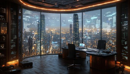 Poster - Modern Office with Panoramic Night City View
