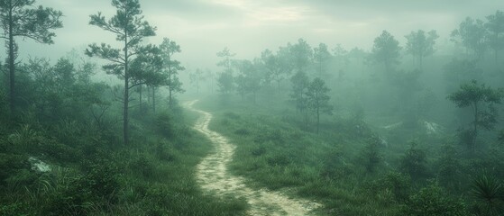 Poster - A winding path through a foggy forest