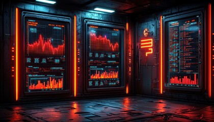 Poster - Futuristic Interior with Red Neon Lights and Digital Displays Showing Financial Data