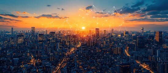Aufkleber - Urban Skyline with Interconnected Network at Sunset