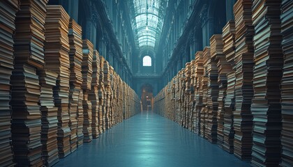 Aufkleber - Endless Stacks of Books Line a Hallway in a Grand Library