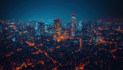 Poster - An Aerial Night View of a City Skyline with Illuminated Buildings