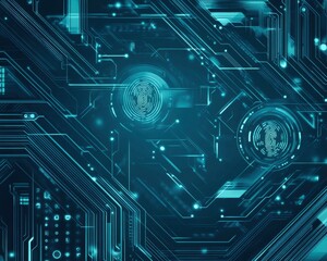Poster - Vibrant teal blue cybernetic backdrop with intricate line patterns and designs. Generative AI