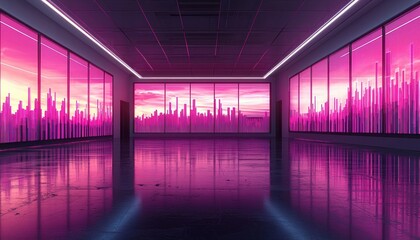 Aufkleber - A Modern Hallway With Pink Neon Cityscape Windows