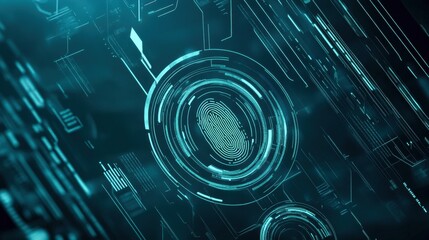 Poster - Cybernetic backdrop in teal blue featuring a digital fingerprint design. Generative AI