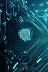 Poster - Teal cybernetic backdrop with intricate circuits and fingerprint detail, powered by AI