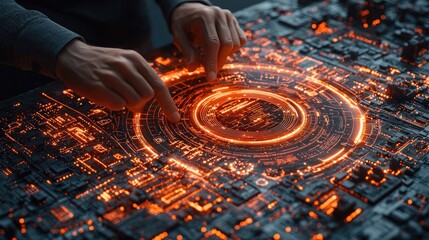 Aufkleber - Hands Interacting with a Futuristic Glowing Interface
