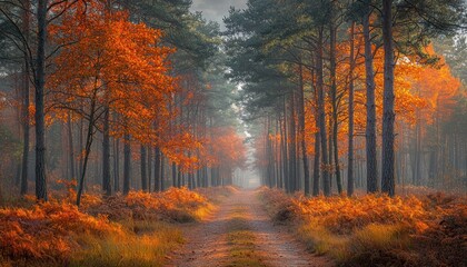 Poster - Sunlit Path Through a Misty Autumn Forest