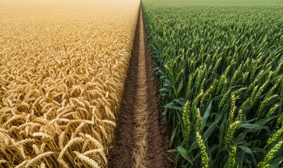 Fototapete - A field of wheat and corn with a furrow in the middle, separating the two crops