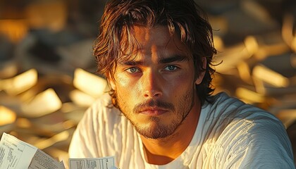 Poster - Close-up portrait of a young man with brown hair, blue eyes, and a beard, looking intensely at the camera.