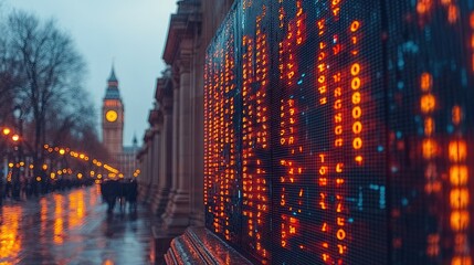 Poster - A large glowing digital display with orange lights in London city at night.