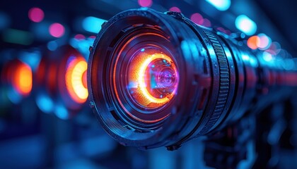 Poster - Close-up of a Professional Camera Lens with Glowing Orange Light