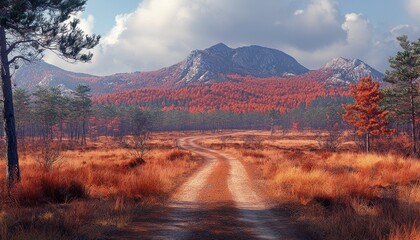 Poster - Winding Path Through an Autumnal Forest with Mountain Views