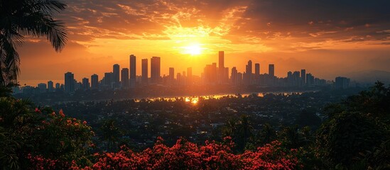 Poster - City Skyline Silhouette at Sunset with Palm Trees and Flowers in Foreground