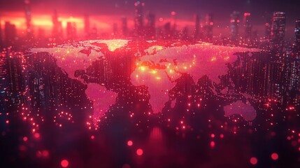 Poster - A Red Glow World Map with City Skyline in the Background